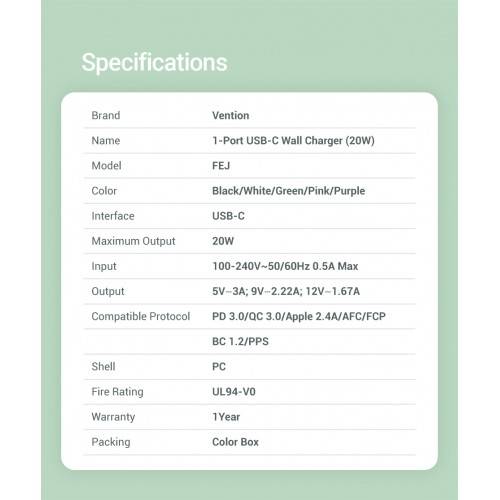 Сетевое зарядное устройство Vention на 1 порт USB С 20W Фиолетовый, шт. Vention FEJV0-EU — для бизнеса и офиса Сетевое зарядное устройство Vention на 1 порт USB С 20W Фиолетовый, шт. Vention FEJV0-EU — для бизнеса и офиса