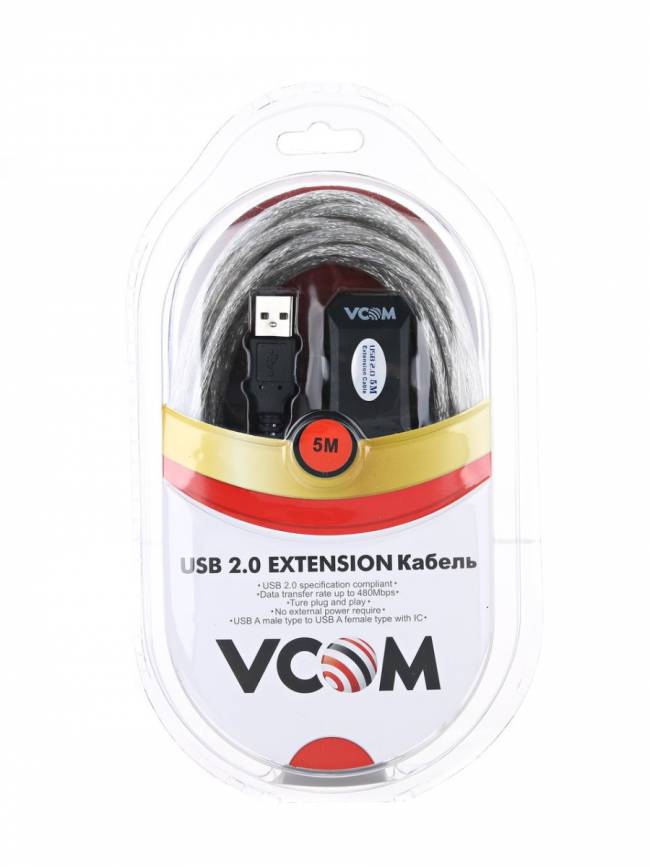 Кабель-адаптер USB2.0-repeater, удлинительный активный <Am-->Af> 5м VCOM <VUS7049-5M> VCOM USB 2.0 Type-AM - USB 2.0 Type-AF 5м — для бизнеса и офиса