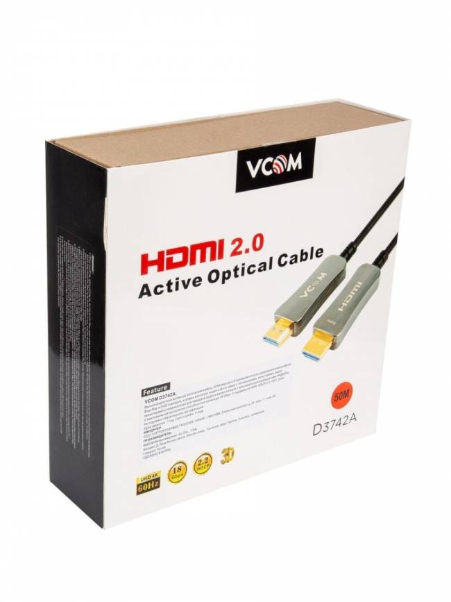 Активный оптический кабель HDMI 19M/M,ver. 2.0, 4K@60 Hz 50m VCOM <D3742A-50M> VCOM HDMI (m)- HDMI (m) 50м — для бизнеса и офиса