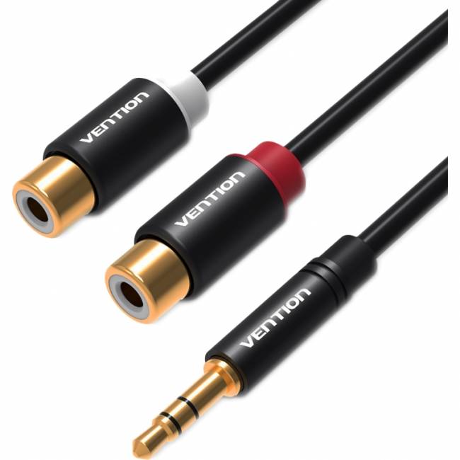 Переходник-разветвитель Vention гибкий Jack 3.5 mm M/2RCA F - 0.3 м Чёрный Разветвитель Vention mini jack 3.5 mm(m)/RCA(f) - 0.3 м (VAB-R02-B030) — для бизнеса и офиса
