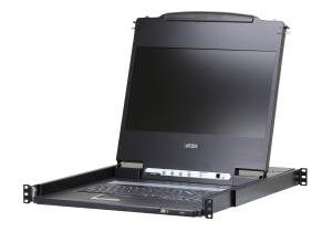 Kонсоль управления, для KVM-переключателей, электрон., 19", HD, SVGA+KBD+MOUSE PS/2 USB,DVI с KVM шнуром USB 1.8м, LCD экран 17", лат./рус.Kлав., (выход на вторую конс 1280x1024 75Hz DDC2BKрепление SINGLE RAIL доп.порт USB A-типа Female) ATEN CL6700MW