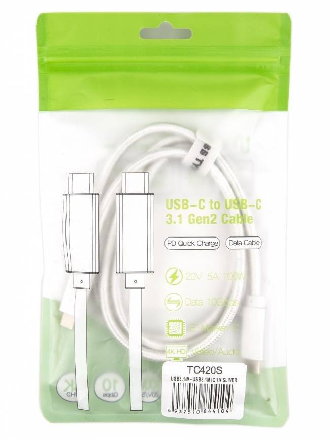 Кабель USB 3.1 Type Cm -- Cm  IC 5А 10Gbs длина 1M, Telecom <TC420S> серебряный Telecom USB 3.2 Type-C (m) - USB 3.2 Type-C (m) 1м — для бизнеса и офиса