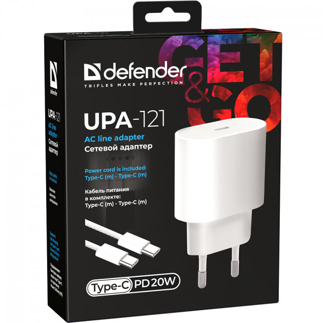 Defender Сетевой адаптер UPA-121 20W, USB C,кабель Type-C,белый Defender 83222 — для бизнеса и офиса