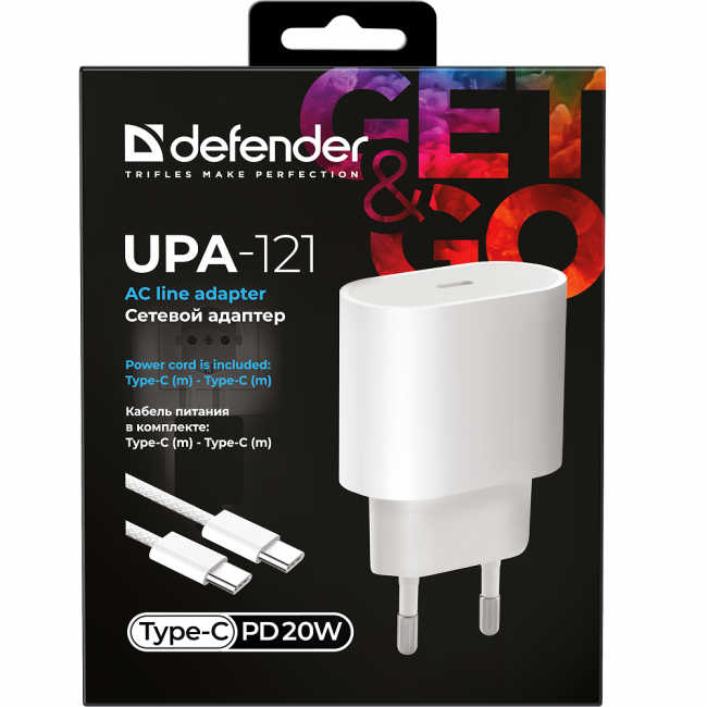 Defender Сетевой адаптер UPA-121 20W, USB C,кабель Type-C,белый Defender 83222 — для бизнеса и офиса