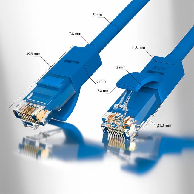 GCR Патч-корд прямой 35.0m UTP кат.5e, синий, позолоченные контакты, 24 AWG, литой, ethernet high speed 1 Гбит/с, RJ45, T568B, GCR-50947 Greenconnect RJ45(m) - RJ45(m) Cat. 5e UTP  35м синий — для бизнеса и офиса