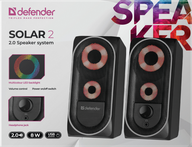 Defender Акустическая 2.0 система Solar 2 8Вт, подсветка, питание от USB Defender Solar 2 — для бизнеса и офиса Defender Акустическая 2.0 система Solar 2 8Вт, подсветка, питание от USB Defender Solar 2 — для бизнеса и офиса