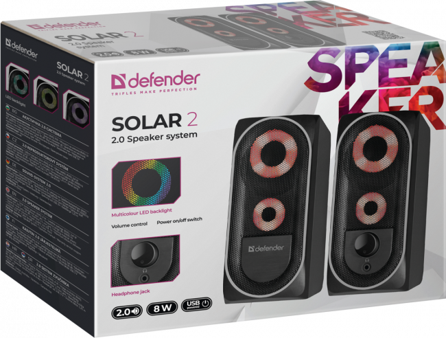 Defender Акустическая 2.0 система Solar 2 8Вт, подсветка, питание от USB Defender Solar 2 — для бизнеса и офиса Defender Акустическая 2.0 система Solar 2 8Вт, подсветка, питание от USB Defender Solar 2 — для бизнеса и офиса