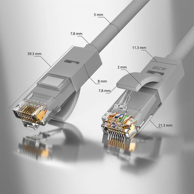 GCR Патч-корд прямой 9.0m UTP кат.5e, серый, позолоченные контакты, 24 AWG, литой, ethernet high speed 1 Гбит/с, RJ45, T568B, GCR-51513 Greenconnect RJ45(m) - RJ45(m) Cat. 5e UTP  9м серый — для бизнеса и офиса