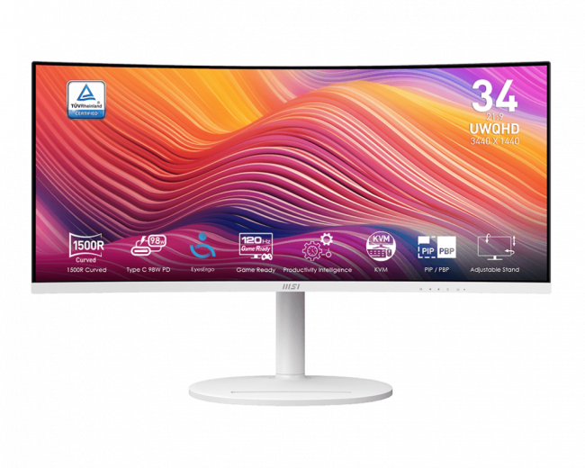 Монитор MSI Modern MD342CQPW 34" 3440x1440, VA, Curved, 120Hz, 4ms, 100M:1, 300cd, VGA, HDMI, DP, 3xUSB, Speaker, H. adj, VESA, 1y, White MSI Modern MD342CQPW 34" — для бизнеса и офиса Монитор MSI Modern MD342CQPW 34" 3440x1440, VA, Curved, 120Hz, 4ms, 100M:1, 300cd, VGA, HDMI, DP, 3xUSB, Speaker, H. adj, VESA, 1y, White MSI Modern MD342CQPW 34" — для бизнеса и офиса
