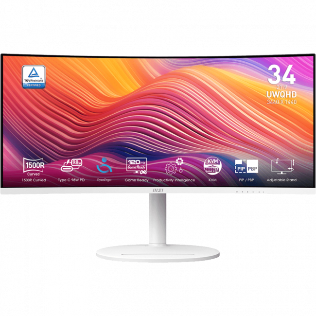 Монитор MSI Modern MD342CQPW 34" 3440x1440, VA, Curved, 120Hz, 4ms, 100M:1, 300cd, VGA, HDMI, DP, 3xUSB, Speaker, H. adj, VESA, 1y, White MSI Modern MD342CQPW 34" — для бизнеса и офиса Монитор MSI Modern MD342CQPW 34" 3440x1440, VA, Curved, 120Hz, 4ms, 100M:1, 300cd, VGA, HDMI, DP, 3xUSB, Speaker, H. adj, VESA, 1y, White MSI Modern MD342CQPW 34" — для бизнеса и офиса