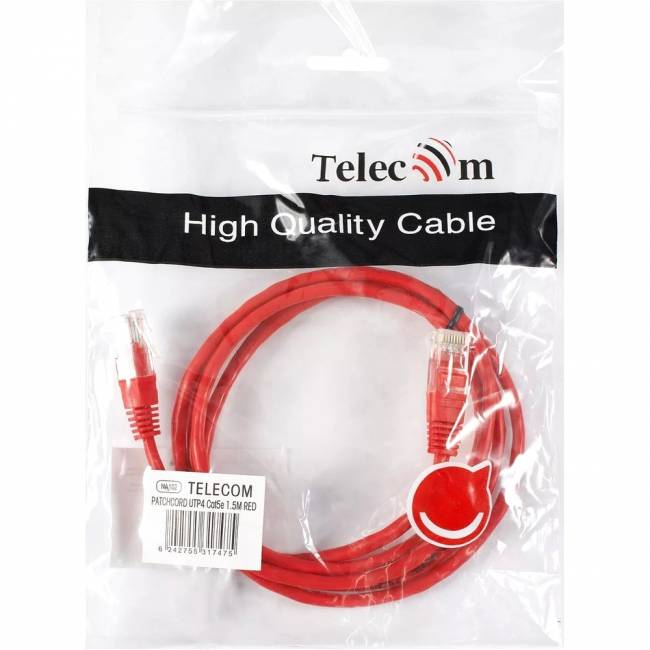 Патчкорд литой "Telecom" UTP кат.5е 1,5м красный VCOM NA102-R-1.5M — для бизнеса и офиса