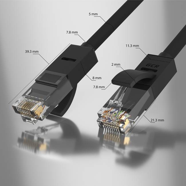 GCR Патч-корд прямой 4.5m UTP кат.5e, черный, позолоченные контакты, 24 AWG, литой, GCR, ethernet high speed 1 Гбит/с, RJ45, T568B, GCR-51549 Greenconnect RJ45(m) - RJ45(m) Cat. 5e UTP  4.5м черный — для бизнеса и офиса