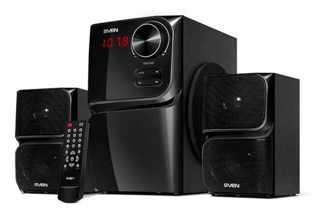 SVEN MS-305, черный, акустическая система 2.1, мощность (RMS): 20 Вт + 2x10 Вт, FM-тюнер, USB/SD, дисплей, ПДУ, Bluetooth SVEN MS-305 — для бизнеса и офиса