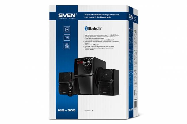 SVEN MS-305, черный, акустическая система 2.1, мощность (RMS): 20 Вт + 2x10 Вт, FM-тюнер, USB/SD, дисплей, ПДУ, Bluetooth SVEN MS-305 — для бизнеса и офиса