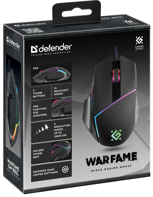 Defender Проводная игровая мышь Warfame GM-880L RGB,8кнопок,12800dpi Defender Warfame GM-880L (52880) — для бизнеса и офиса Defender Проводная игровая мышь Warfame GM-880L RGB,8кнопок,12800dpi Defender Warfame GM-880L (52880) — для бизнеса и офиса