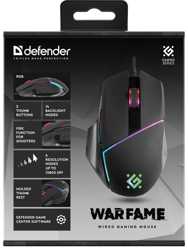 Defender Проводная игровая мышь Warfame GM-880L RGB,8кнопок,12800dpi Defender Warfame GM-880L (52880) — для бизнеса и офиса Defender Проводная игровая мышь Warfame GM-880L RGB,8кнопок,12800dpi Defender Warfame GM-880L (52880) — для бизнеса и офиса