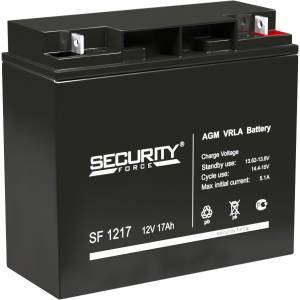 Батарея SECURITY FORCE серия SF, SF 1217, напряжение 12В, емкость 1.5Ач (разряд 20 часов),  макс. ток разряда (5 сек.) 18А, макс. ток заряда 5.1А, свинцово-кислотная типа AGM, клеммы под гайку и болт M6, ДxШxВ 181х77х167мм., вес кг., срок службы 3-5 лет. 