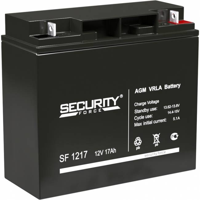 Батарея SECURITY FORCE серия SF, SF 1217, напряжение 12В, емкость 1.5Ач (разряд 20 часов), макс. ток разряда (5 сек.) 18А, макс. ток заряда 5.1А, свинцово-кислотная типа AGM, клеммы под гайку и болт M6, ДxШxВ 181х77х167мм., вес кг., срок службы 3-5 лет. — для бизнеса и офиса Батарея SECURITY FORCE серия SF, SF 1217, напряжение 12В, емкость 1.5Ач (разряд 20 часов), макс. ток разряда (5 сек.) 18А, макс. ток заряда 5.1А, свинцово-кислотная типа AGM, клеммы под гайку и болт M6, ДxШxВ 181х77х167мм., вес кг., срок службы 3-5 лет. — для бизнеса и офиса
