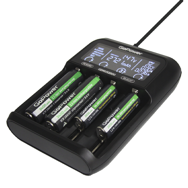 З/У для аккумуляторов GoPower Genius2000 Ni-MH/Ni-Cd/Li-ion/IMR/LiFePO4 4 слота (1/40) З/У для аккумуляторов GoPower Genius2000 (00-00017019) — для бизнеса и офиса З/У для аккумуляторов GoPower Genius2000 Ni-MH/Ni-Cd/Li-ion/IMR/LiFePO4 4 слота (1/40) З/У для аккумуляторов GoPower Genius2000 (00-00017019) — для бизнеса и офиса