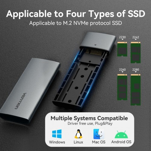 Корпус для SSD Vention USB 3.1 Gen 2-C M.2 NVMe Серый Vention KPGH0 — для бизнеса и офиса