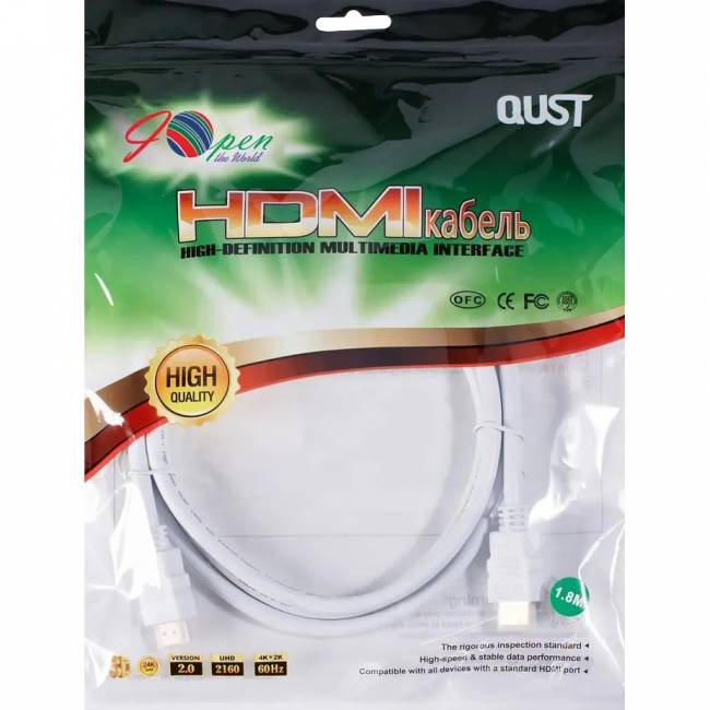Кабель HDMI 19M/M ver 2.0, 1.8М, белый  Aopen/Qust <ACG711DW-1.8M> Кабель AOpen/Qust HDMI (m)/HDMI (m) - 1.8 м (ACG711DW-1.8M) — для бизнеса и офиса