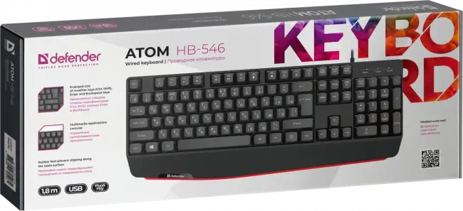 Defender Проводная клавиатура Atom HB-546 RU,черный,104+FN,1.8м Defender 45546 — для бизнеса и офиса