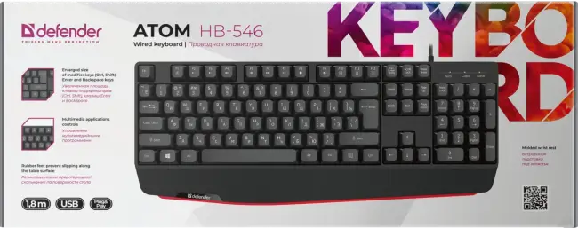 Defender Проводная клавиатура Atom HB-546 RU,черный,104+FN,1.8м Defender 45546 — для бизнеса и офиса