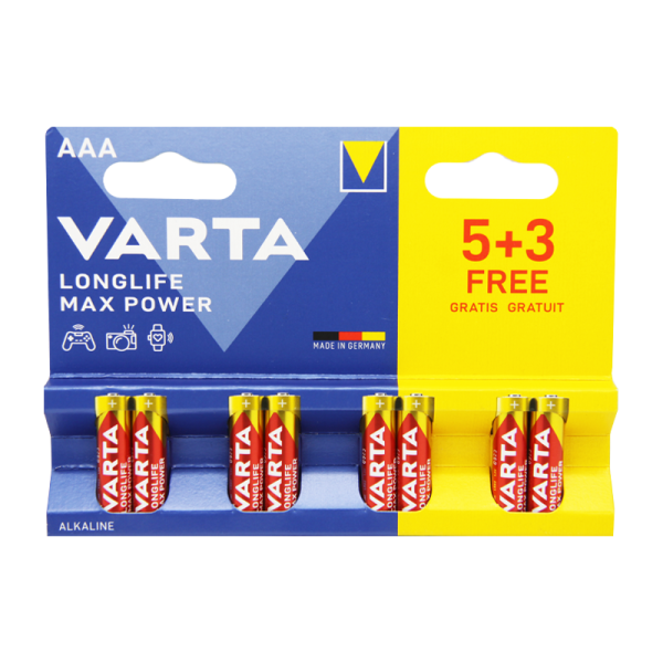Батарейка Varta LONGLIFE MAX POWER (MAX TECH) LR03 AAA BL8 Alkaline 1.5V (4703) (8/160) Varta LONGLIFE MAX POWER (MAX TECH) (04703101428) — для бизнеса и офиса Батарейка Varta LONGLIFE MAX POWER (MAX TECH) LR03 AAA BL8 Alkaline 1.5V (4703) (8/160) Varta LONGLIFE MAX POWER (MAX TECH) (04703101428) — для бизнеса и офиса
