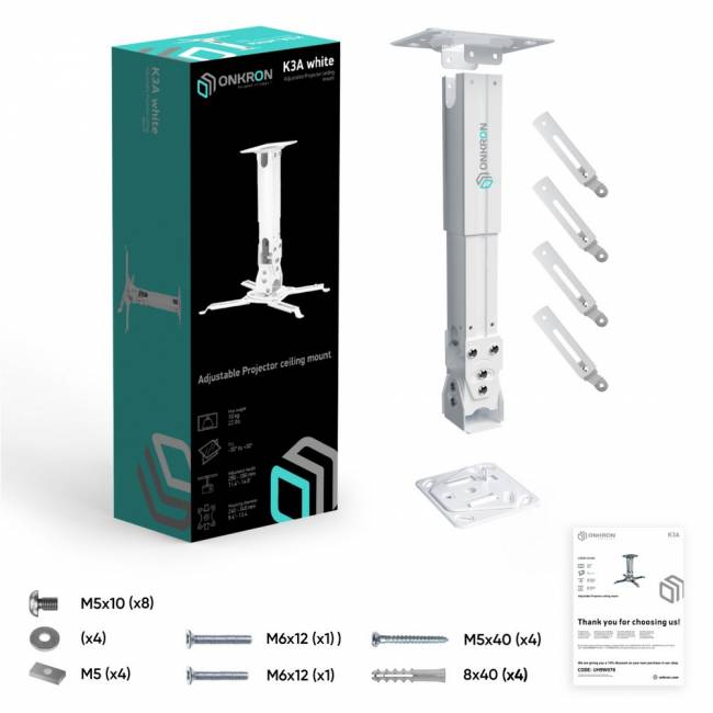 Кронштейн настенный для проектора ONKRON ONKRON ONKRON K3A WHITE — для бизнеса и офиса Кронштейн настенный для проектора ONKRON ONKRON ONKRON K3A WHITE — для бизнеса и офиса
