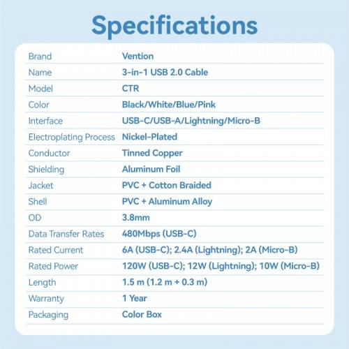 Кабель Vention 3 в 1 USB 2.0 AM/ Micro-B, USB-C, Lightning M - 1.5м. Черный 6A, шт. Vention CTRBG — для бизнеса и офиса Кабель Vention 3 в 1 USB 2.0 AM/ Micro-B, USB-C, Lightning M - 1.5м. Черный 6A, шт. Vention CTRBG — для бизнеса и офиса