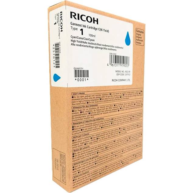 Текстильные чернила голубые (высокой емкости) тип 1 Ricoh 257060 — для бизнеса и офиса Текстильные чернила голубые (высокой емкости) тип 1 Ricoh 257060 — для бизнеса и офиса