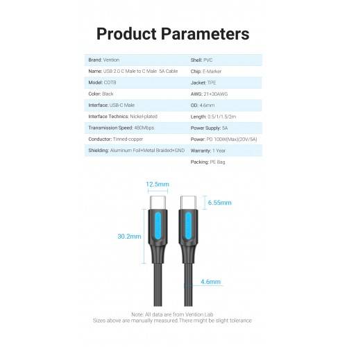 Кабель Vention USB 2.0 CM/CM 5А PD100W - 2м. Черный, шт. Vention COTBH — для бизнеса и офиса Кабель Vention USB 2.0 CM/CM 5А PD100W - 2м. Черный, шт. Vention COTBH — для бизнеса и офиса