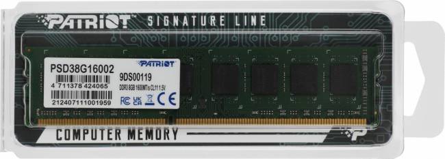 Память DDR3 8Gb 1600MHz Patriot PSD38G16002 — для бизнеса и офиса Память DDR3 8Gb 1600MHz Patriot PSD38G16002 — для бизнеса и офиса
