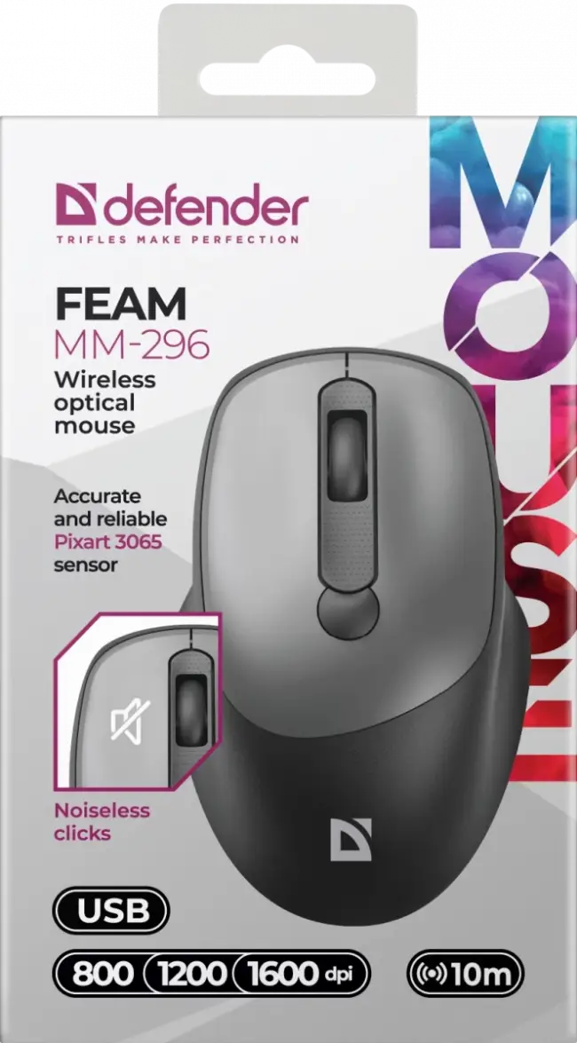 Defender Беспроводная оптическая мышь Feam MM-296 черный,4D,800-1600dpi,бесшумн Defender 52296 — для бизнеса и офиса Defender Беспроводная оптическая мышь Feam MM-296 черный,4D,800-1600dpi,бесшумн Defender 52296 — для бизнеса и офиса