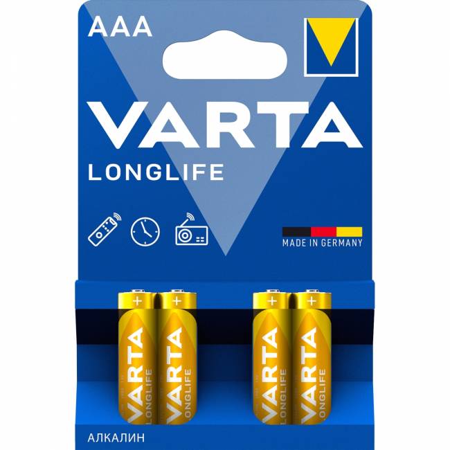 Батарейка Varta LONGLIFE LR03 AAA BL4 Alkaline 1.5V (4103) (4/40/200) (4 шт.) Varta LONGLIFE LR03 AAA (04103113414) — для бизнеса и офиса Батарейка Varta LONGLIFE LR03 AAA BL4 Alkaline 1.5V (4103) (4/40/200) (4 шт.) Varta LONGLIFE LR03 AAA (04103113414) — для бизнеса и офиса