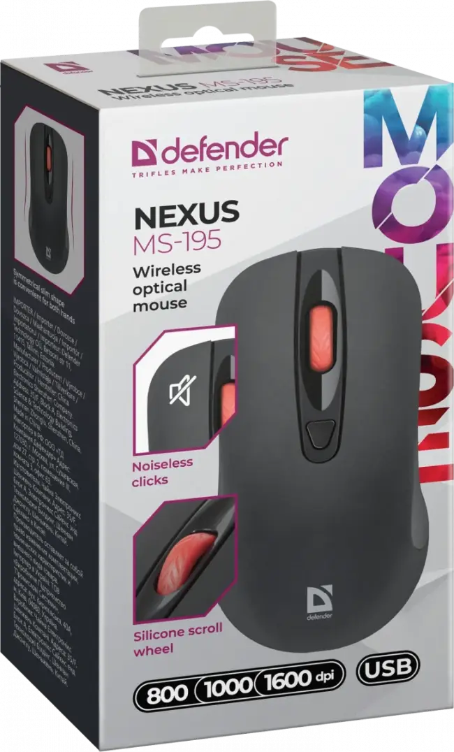 Defender Беспроводная оптическая мышь Nexus MS-195 черный,4 кнопки,800-1600 dpi Defender 52195 — для бизнеса и офиса Defender Беспроводная оптическая мышь Nexus MS-195 черный,4 кнопки,800-1600 dpi Defender 52195 — для бизнеса и офиса