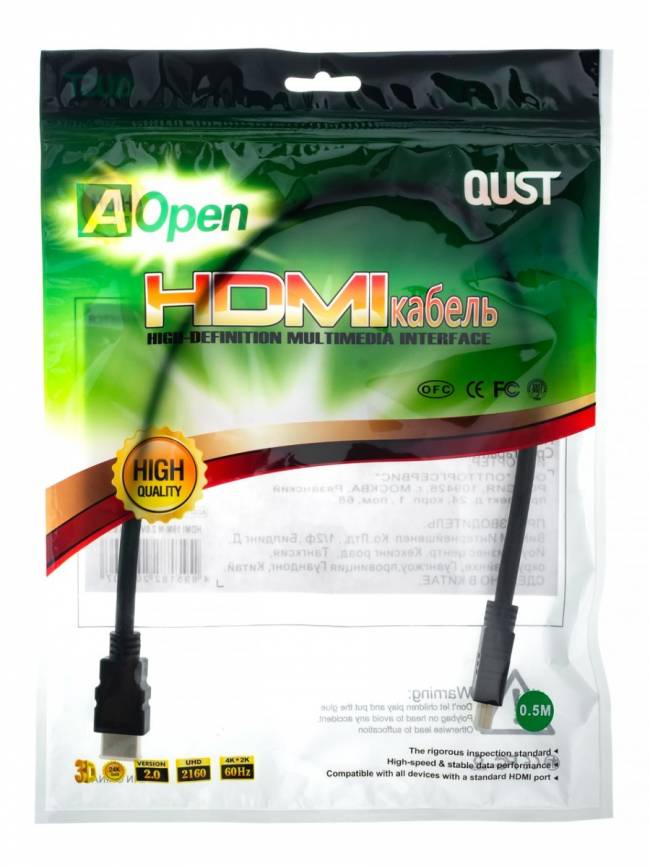 Кабель HDMI 19M/M ver 2.0, 0.5М  Aopen <ACG711-0.5M> AOpen HDMI (m) - HDMI (m) 0.5м — для бизнеса и офиса