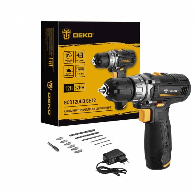 Дрель-шуруповерт аккумуляторная DEKO GCD12DU3 SET2 FU-Li-Ion + оснастка 13 шт — для бизнеса и офиса Дрель-шуруповерт аккумуляторная DEKO GCD12DU3 SET2 FU-Li-Ion + оснастка 13 шт — для бизнеса и офиса