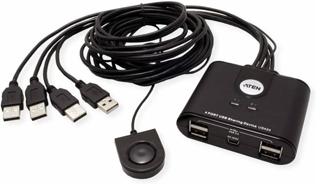 Переключатель, электрон., USB, 2 User > 4 устройства + клавиатура + мышь, 2 USB A-тип > 4 USB A-тип, Male > Female, со встроен. шнурами 2х1.2м., (USB 2.0) ATEN US424 — для бизнеса и офиса Переключатель, электрон., USB, 2 User > 4 устройства + клавиатура + мышь, 2 USB A-тип > 4 USB A-тип, Male > Female, со встроен. шнурами 2х1.2м., (USB 2.0) ATEN US424 — для бизнеса и офиса