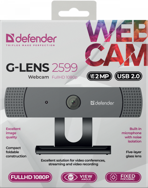 Defender Веб-камера G-lens 2599 FullHD 1080p, 2МП Defender G-lens 2599 — для бизнеса и офиса Defender Веб-камера G-lens 2599 FullHD 1080p, 2МП Defender G-lens 2599 — для бизнеса и офиса
