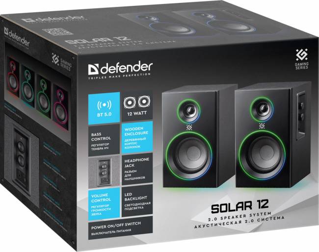 Defender Акустическая 2.0 система Solar 12 12 Вт, подсветка, BT, 230В Defender 65712 — для бизнеса и офиса Defender Акустическая 2.0 система Solar 12 12 Вт, подсветка, BT, 230В Defender 65712 — для бизнеса и офиса