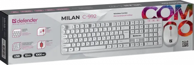 Defender Беспроводной набор Milan C-992 RU,белый,полноразмерный Defender 45994 — для бизнеса и офиса Defender Беспроводной набор Milan C-992 RU,белый,полноразмерный Defender 45994 — для бизнеса и офиса