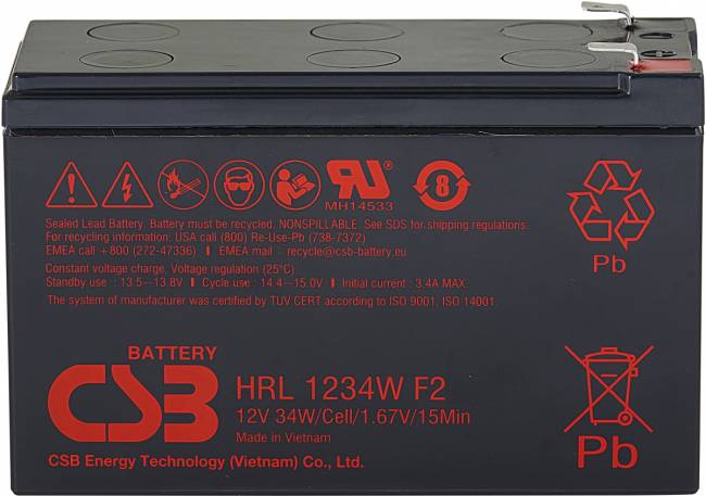 Батарея CSB серия HRL, HRL1234W F2 FR, напряжение 12В, емкость 8.5Ач (разряд 20 часов), 34 Вт/Эл при 15-мин. разряде до U кон. - 1.67 В/Эл при 25 °С, макс. ток разряда (5 сек.) 130А, ток короткого замыкания 367А, макс. ток заряда 3.4A, свинцово-кислотная — для бизнеса и офиса Батарея CSB серия HRL, HRL1234W F2 FR, напряжение 12В, емкость 8.5Ач (разряд 20 часов), 34 Вт/Эл при 15-мин. разряде до U кон. - 1.67 В/Эл при 25 °С, макс. ток разряда (5 сек.) 130А, ток короткого замыкания 367А, макс. ток заряда 3.4A, свинцово-кислотная — для бизнеса и офиса