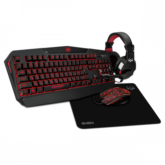Игровой набор клавиатура+мышь+гарнитура+коврик SVEN GS-4300 (104 кл.+12Fn, 8 смен. кл., 200-4800DPI) Sven SV-018382 — для бизнеса и офиса Игровой набор клавиатура+мышь+гарнитура+коврик SVEN GS-4300 (104 кл.+12Fn, 8 смен. кл., 200-4800DPI) Sven SV-018382 — для бизнеса и офиса