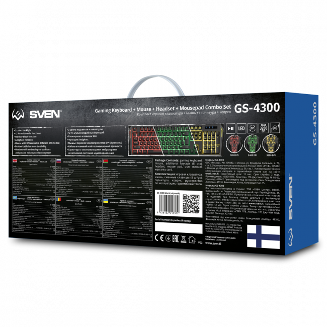 Игровой набор клавиатура+мышь+гарнитура+коврик SVEN GS-4300 (104 кл.+12Fn, 8 смен. кл., 200-4800DPI) Sven SV-018382 — для бизнеса и офиса Игровой набор клавиатура+мышь+гарнитура+коврик SVEN GS-4300 (104 кл.+12Fn, 8 смен. кл., 200-4800DPI) Sven SV-018382 — для бизнеса и офиса