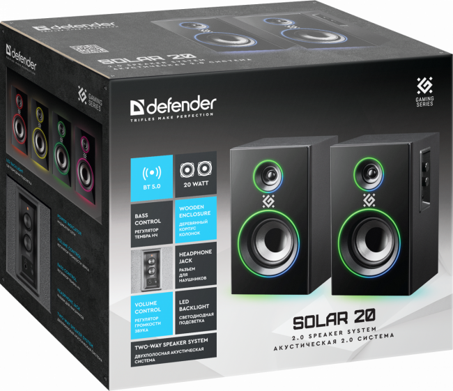 Defender Акустическая 2.0 система Solar 20 20 Вт, подсветка, BT, 230В Defender 65721 — для бизнеса и офиса Defender Акустическая 2.0 система Solar 20 20 Вт, подсветка, BT, 230В Defender 65721 — для бизнеса и офиса