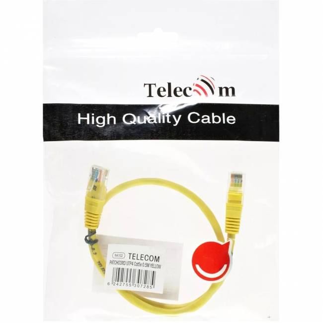 Патчкорд литой "Telecom" UTP кат.5е 0,5м желтый VCOM NA102-Y-0.5M — для бизнеса и офиса
