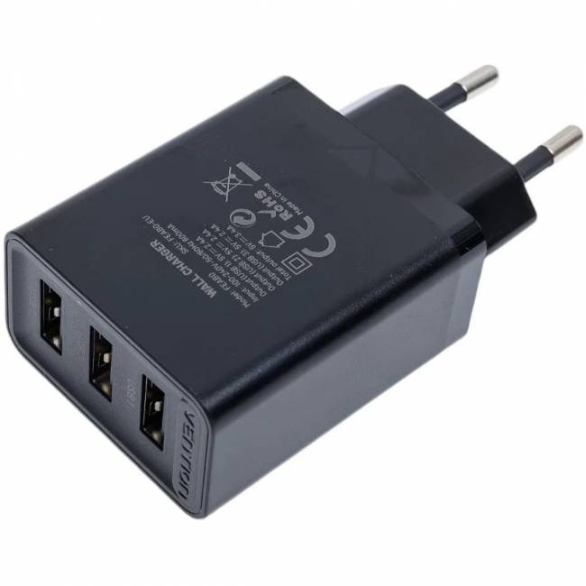 Сетевое зарядное устройство Vention на 3 порта USB 2.4A Черный Сетевое зарядное устройство Vention FEAB0-EU на 3 порта USB 2.4A Черный — для бизнеса и офиса