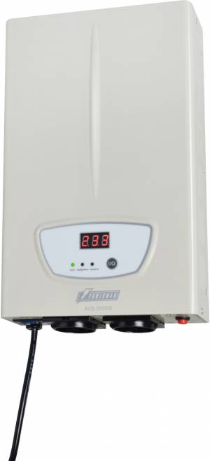 Стабилизатор POWERMAN AVS 2000S, ступенчатый регулятор, цифровые индикаторы уровней напряжения, 2000ВА, 140-260В, максимальный входной ток 15А, 2 евророзетки, IP-20, навесного исполнения, 310мм х 200мм х 68мм, 4,89 кг. POWERMAN AVS 2000S