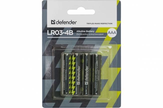Defender Батарейка алкалиновая LR03-4B AAA, в блистере 4 шт Defender LR03-4B AAA (56002) — для бизнеса и офиса Defender Батарейка алкалиновая LR03-4B AAA, в блистере 4 шт Defender LR03-4B AAA (56002) — для бизнеса и офиса